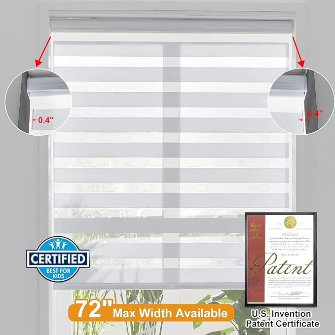 Persilux Zebra Blinds for Windows, Cordless Roller Blinds (34.5" W x 72" H, White) Light Filtering Sheer Window Treatments, Light Control for Day and Night, Room Darkening Roller Shades for Windows