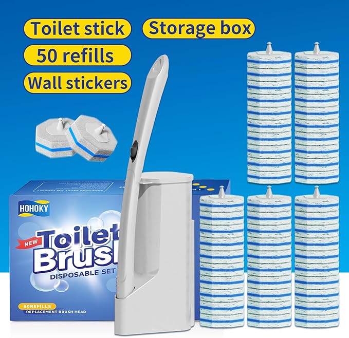 Disposable Toilet Brush Cleaning System with 50pcs Refills Pads Replacement Heads, Toilet Cleaning Stick, Wall Mounted Toliet Wand Kit Bathroom Maintenance, Toilet Bowl Cleaner Wands Holder and Set