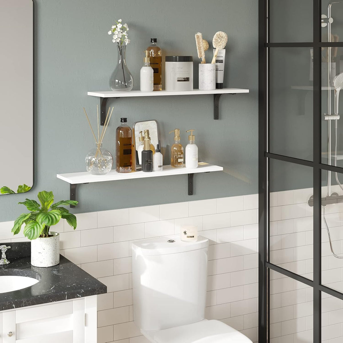 DINZI LVJ Long Wall Shelves, 31.5 x 7.9 x 6.1 Inches, Set of 2 White Floating Shelves, Easy-to-Install, Large Storage Ledges with Sturdy Metal Brackets for Living Room, Bathroom, Bedroom, Kitchen