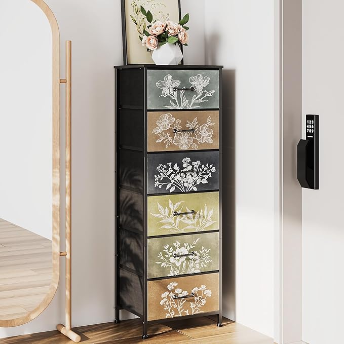 Tohomeor Vintage Dresser Vertical Nightstand with Neutral Botanical Plant Fabric Chest Drawers for Closet Bathroom Storage Tower Unit Bed Side Organizer Farmhouse Rustic (Multi, 6 Drawers)