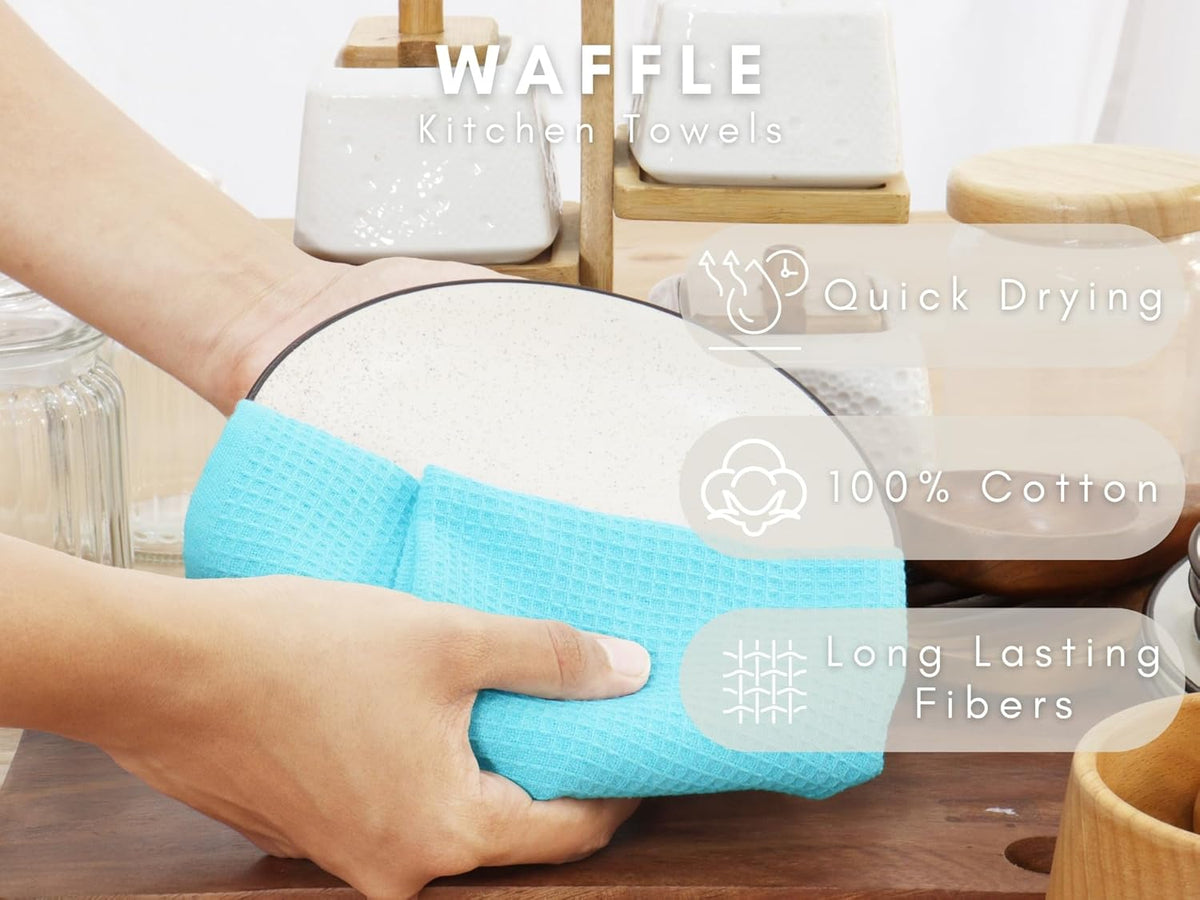 PurpleEssences Waffle Weave Kitchen Towel, 100% Cotton - 15 x 25 Inches, with Hanging Loop Ultra Soft Absorbent Quick Drying Dish Cloth, Tea and Hand Towels, 6 Pack - Spring Summer - Aqua Blue