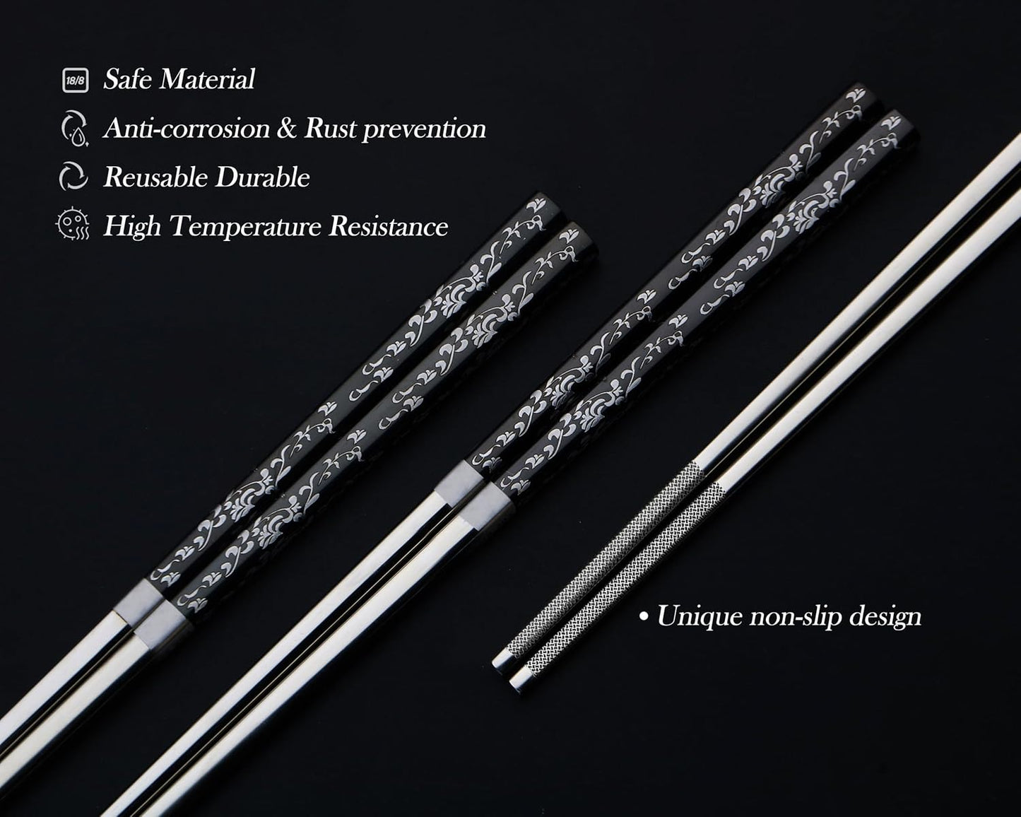 Metal Chopsticks With Case Stainless Steel Chopsticks Titanium Plated Reusable Chopstick lightweight Engraved Non-slip 18/10 Korean Japanese Chinese Chopsticks,Dishwasher Safe 2 Pairs Set(BJ-Black02)