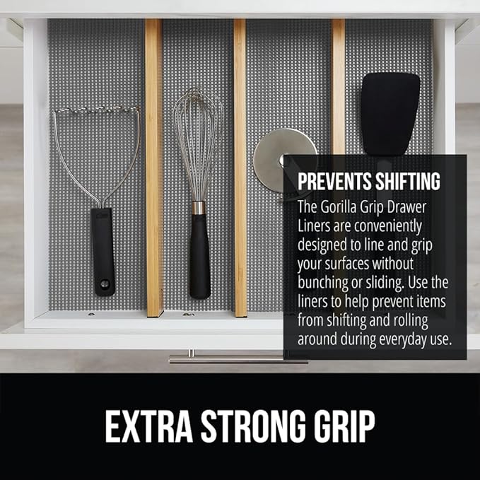 GORILLA GRIP powerGRIP Drawer Shelf and Cabinet Liner, Thick Strong Hold, Non-Adhesive Liners Protect Kitchen Cabinets and Cupboard, Bathroom Drawers, Easy Install, Breathable Mat, 24" x20', Gray
