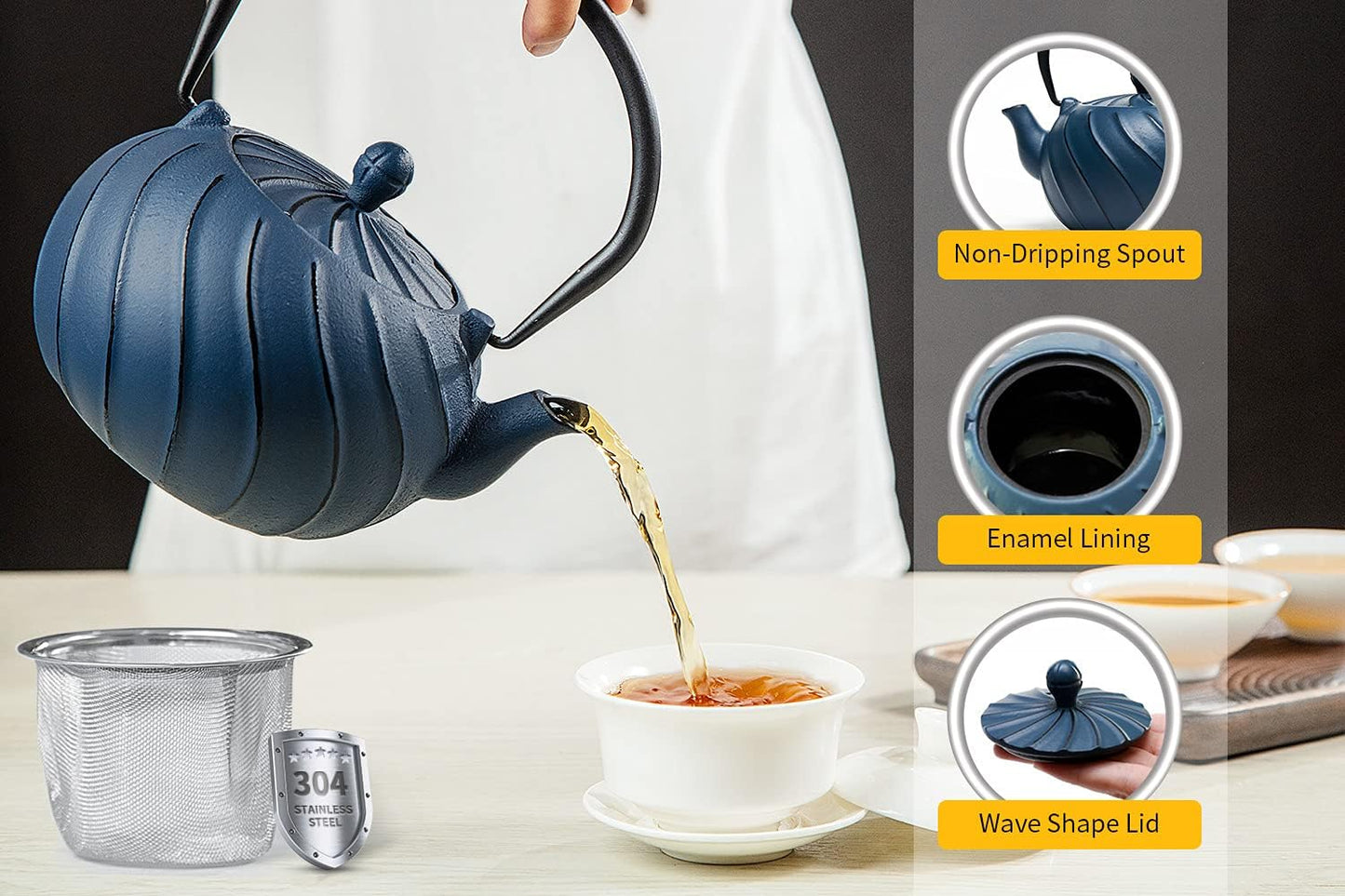 Tea Kettle, TOPTIER Japanese Cast Iron Teapot with Stainless Steel Infuser, Cast Iron Tea Kettle Stovetop Safe, Wave Design Tea Pot Coated with Enameled Interior for 30 Ounce (900 ml), White
