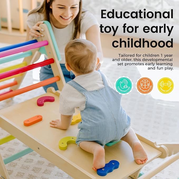 Tiny Land Pikler Triangle Set,7-in-1 Foldable Montessori Toddler Climbing Toys Indoor, Wooden Playground Jungle Gym for Kids, Climber Gift for Boys & Girls Toddler Climbing Toys (Rainbow)