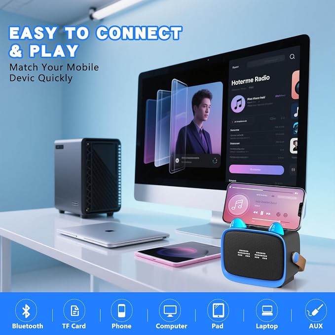 Mgaolo Upgraded Mini Karaoke Machine Toy for Kids, Portable Bluetooth Speaker with 2 Wireless Mics, Emoji & Colorful LED Lights, Home Travel & Party Play Gifts for Boys Girls (Blue)