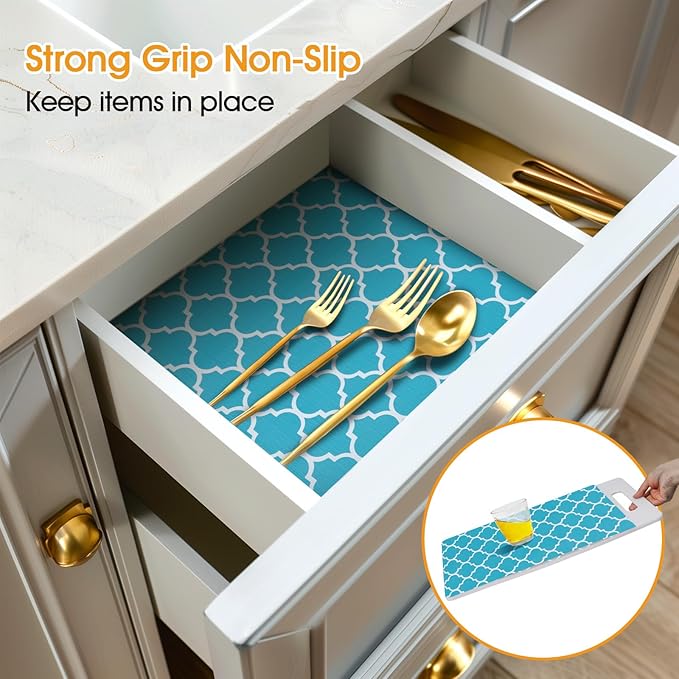 Shelf and Drawer Liner for Kitchen Cabinets Non-Adhesive, Strong Grip Non-Slip Thickened Cabinet Liners for Shelves, Waterproof Mats for Dresser Cupboard, Green/White, 12 in x 30 Feet