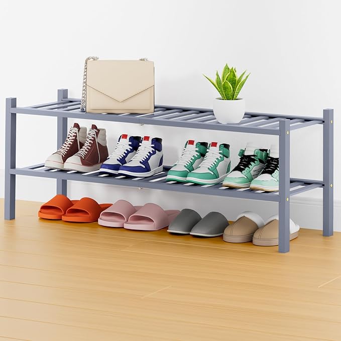 Smiry Shoe Rack, 2 Tier Thick Long Bamboo Shoe Organizer, Stackable Free Standing Wooden Shoe Storage Shelf for Closet, Entryway, Front Door Entrance, Grey