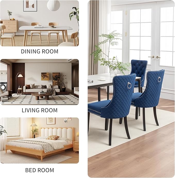 Velvet Dining Chairs Set of 4, Upholstered Dining Room Chairs with Nailhead Trim, Sillas de Comedor Modernas 4, Wooden Kitchen Chairs for Dining Room, Living Room, Kitchen, Bedroom, Blue