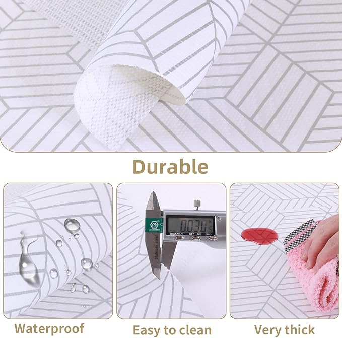 Shelf Liners for Kitchen Cabinets 24in x 30FT, Non Adhesive Cabinet Liner Strong Non-Slip Thickened Silver Geometric Easy to Clean for Shelf, Cabinet, Refrigerator with Knife and Tape Measure