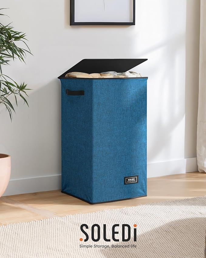 SOLEDI Laundry Hamper with Lid 90L Large & Tall Collapsible Laundry Basket, Clothes Hamper with Bag Removable Easy to Carry, Dirty Hampers for Bedroom, Bathroom, Dorm, College, Blue