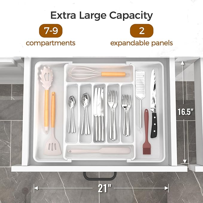 Extra Large Expandable Silverware Organizer, BPA-Free Food-Safe Cutlery Flatware Organizer, Kitchen Utensil Drawer Organizer, Adjustable Silverware Holder for Spoons Forks Knives, White