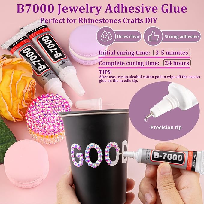 Resin Jelly Rhinestones for Crafting with B7000 Jewelry Glue, 1 Box Light Purple AB Flatback Crystal with 3Pcs 10ml Glue, Bedazzling Non Hotfix Gems for DIY Tumblers Clothing Shoes Manicure