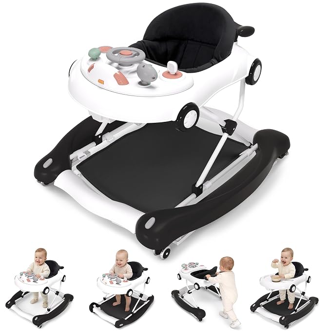 5-in-1 Convertible Baby Walker with Steering Wheel Music Activity Center – Infant Rocker, Jumper, Push Walker, Bouncer & Feeding Foldable Walker for Ages 6-18 Months Boys Girls (Black)