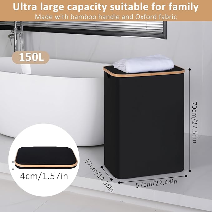 150L Laundry Basket with Lid,Large Laundry Hamper with Bamboo Handles, Hampers for Laundry, Dirty Clothes Hamper with 2 Removable Inner Bags for Clothes Toys Towels,Black