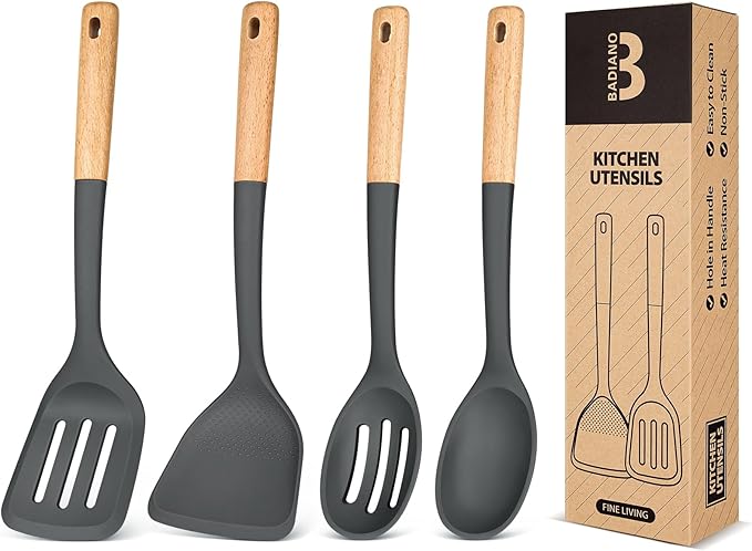 Silicone Cooking Utensils Set, Perfectly Angled for Frying, Mixing,Serving,Draining,Turning and Stirring, BPA-Free Matte Silicone, Wood Handles, Safe for Nonstick Cooking Surfaces,4 Pack (Grey)