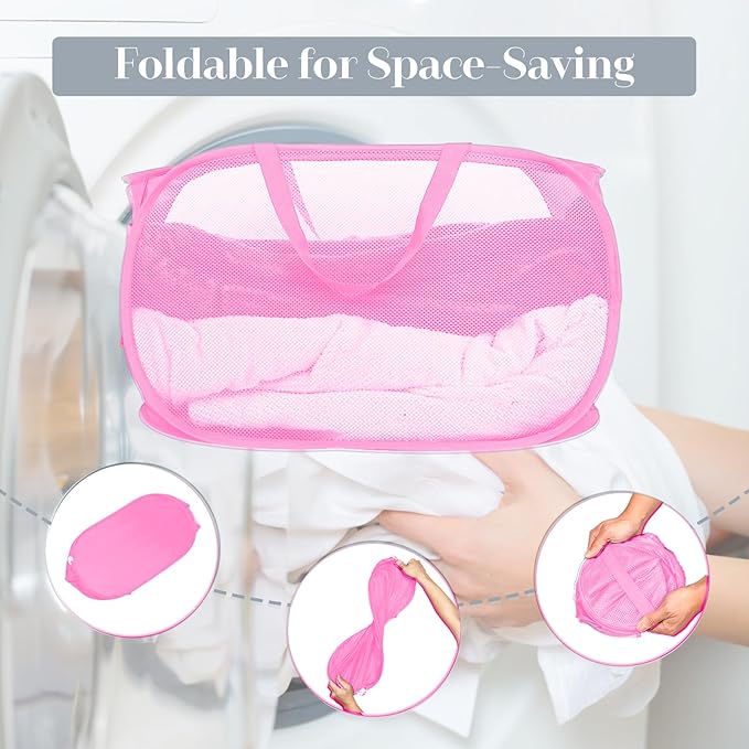 Durable Collapsible Laundry Baskets, Mesh Pop Up Laundry Hamper with Side Pocket, Foldable Clothes Storage Hamper with Reinforced Carry Handles for Laundry, Bathroom, Kids Room, Dorm or Travel Pink