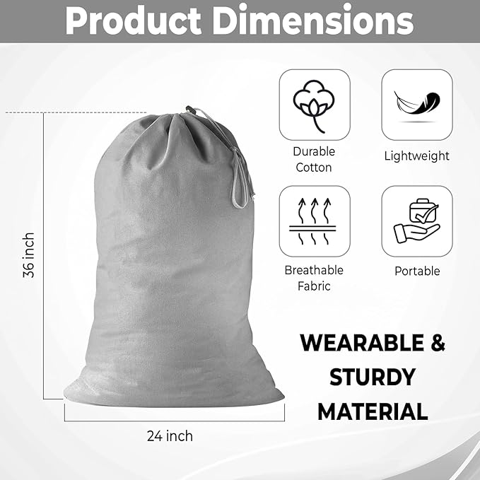 2 Pack - Extra Large Cotton Laundry Bag, Heavy Duty Large Laundry Bags 24 x 36 inch XL Drawstring Travel Organizer Bag Fit Hamper Basket Camp (Light Gret, Pack of 2)