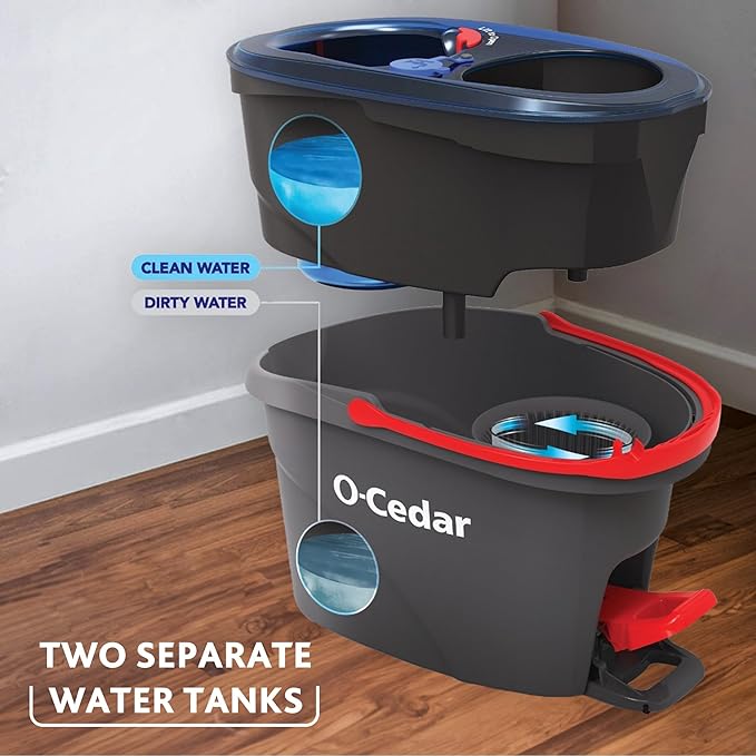 O-Cedar RinseClean Spin Mop & Bucket System + 1 Extra Mop Head | Clean with Clean Water | Removes 99% of Bacteria