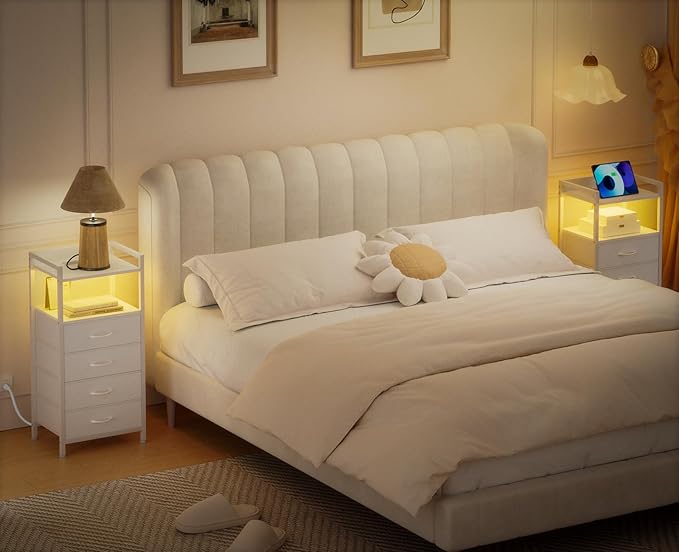 Furnulem White Nightstand with Charging Station, Night Stand Side Table with Led Light, Tall Dresser for Bedroom with 4 Fabric Storage Drawers, Metal Frame, Wood Shelf(White)