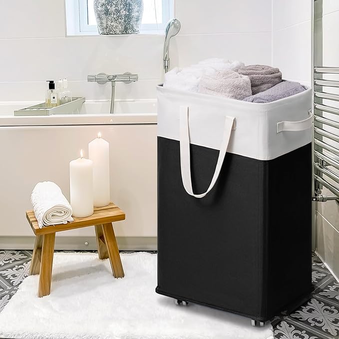 Goodpick Hamper with Wheels 75L 2-Pack, Tall Laundry Basket with Removable Wash Bags, Rolling Black Laundry Hamper for Corner Dorm, Large Collapsible Laundry Baskets