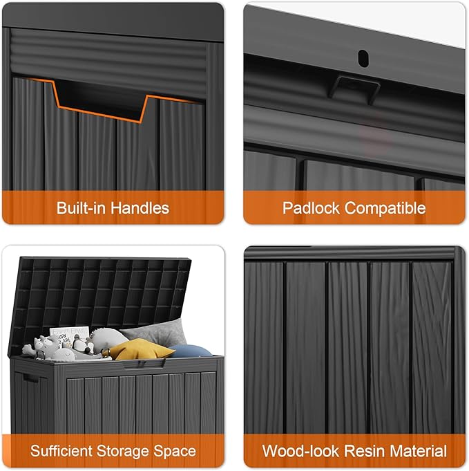 45 Gallon Resin Deck Box, Lockable Patio Outdoor Storage Box for Furniture, Garden Tools and Tools Storage, Waterproof Outside Storage Boxes - Black