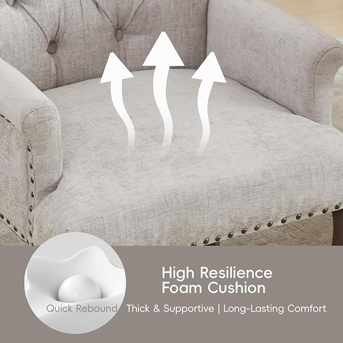 Upholstered Tufted Chenille Dining Chairs with Arms & Nailhead Trim – Solid Wood Frame & Legs, Modern Farmhouse for Dining, Kitchen & Living Room (Set of 1, Beige)