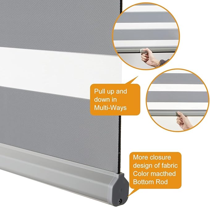 Persilux Cordless Zebra Blinds for Windows (35" W X 72" H, Grey) Free-Stop Dual Layer Roller Windows Shades for Day and Night, Light Filtering Sheer Shades for Home, Easy to Install