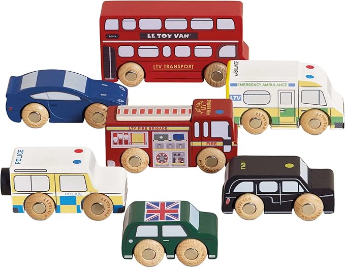 Le Toy Van London Car Set Premium Wooden Toys for Kids Ages 3 Years & Up (TV267), 7-pk
