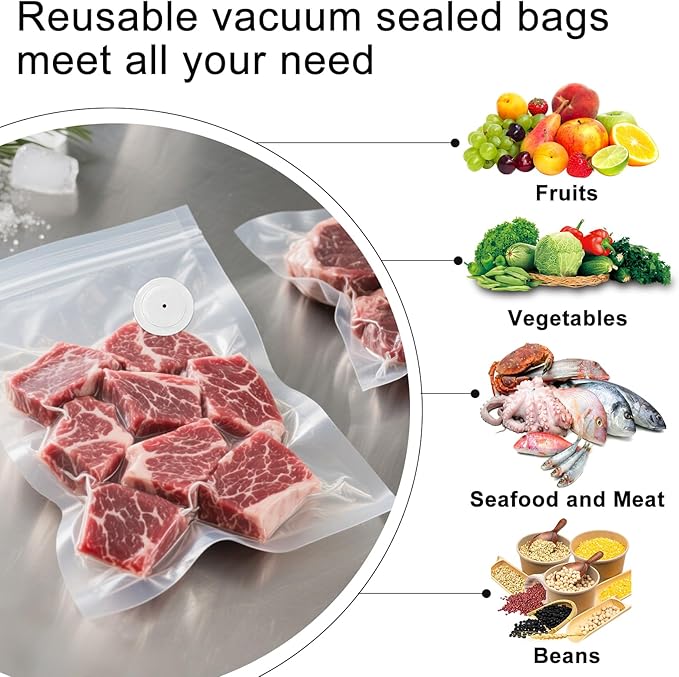 MEGAWISE Vacuum Zipper Bags 20Pcs (8.5 * 8.5in), BPA Free, Reusable Food Storage Bags with Air Valve for Sous Vide Cooking/Freezer/Microwave Heating, with 5 Seal Clips.