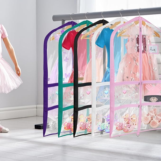 Univivi Clear Black PVC Dance Costume Bags (12 Pack) Garment Bag 40 Inch for Dance Competitions, with 4 Medium Clear Zipper Pockets and 1 Large Back Zippered Pocket [Upgraded Version]