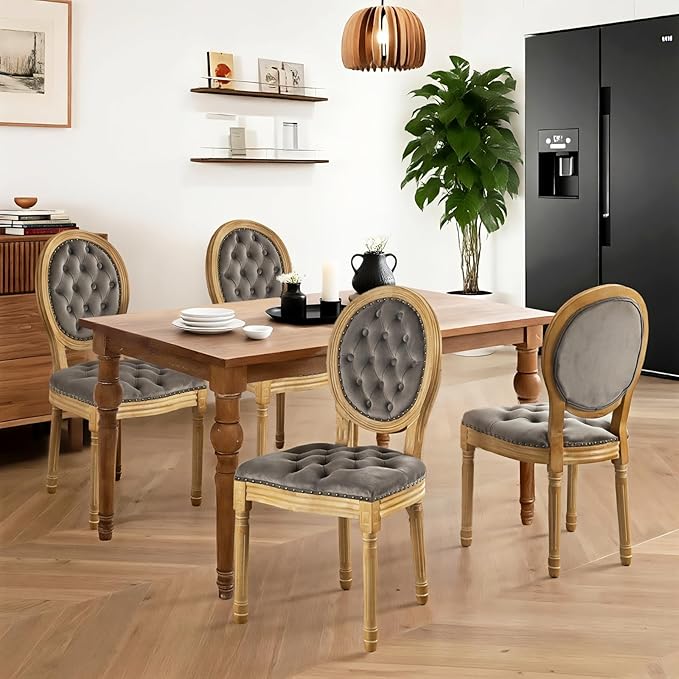 French Country Dining Chairs Set of 4,Farmhouse Upholstered Dining Room Chairs with Tufted Round Back&Solid Leg,Velvet Kitchen Side Chairs for Kitchen/Bedroom/Dining Room,Gray