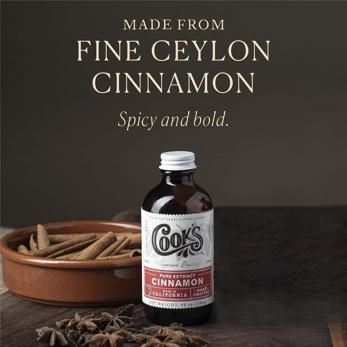 Cook's Pure Cinnamon Extract Made From Fine Ceylon Cinnamon, Premium All Natural Cinnamon Extract for Baking, Cooking, Beverages and Candies, 8 oz