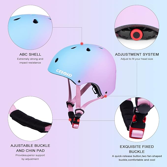 Kids Bike Skateboard Helmet Pad Set,Toddler Cyling Protective Gear Knee & Elbow Pads Wrist Guards for 5-8-10-12-14-16 Years Girls Boys Bicycle Scooter Roller Skate Inline Skating Rollerblading