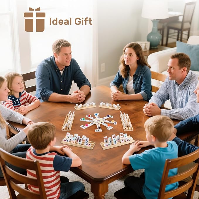 Mexican Train Dominoes Set with Numbers and 8 Wooden Trays/Racks, Double 12 Dominos Travel Set with 8 Tiles Holders, 91 Tiles Double 12 Colored Dominoes Game Set with Portable Case for Families Kids
