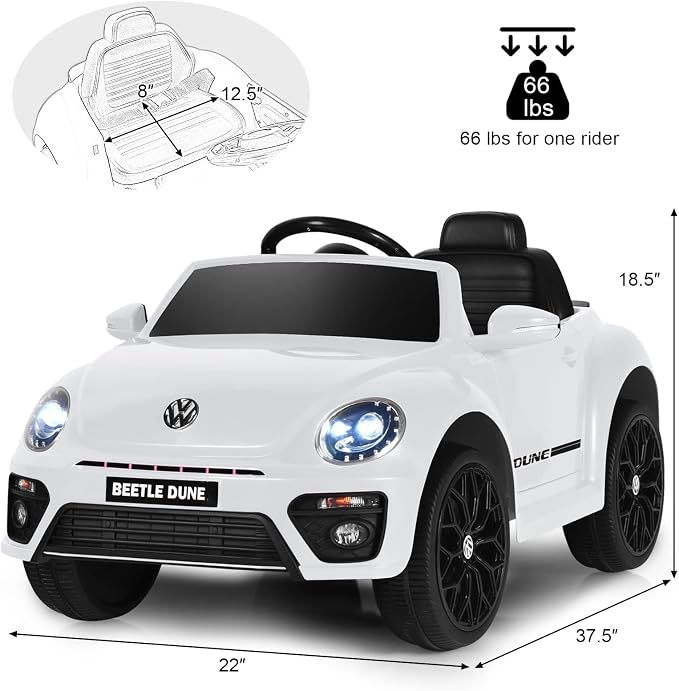 Costzon Ride on Car, 12V Licensed Volkswagen Beetle Battery Powered Vehicle w/Remote Control, Spring Suspension, Lights, USB, Horn, Music, 4 Wheeler for Boy Girl Gift, Electric Car for Kids, White