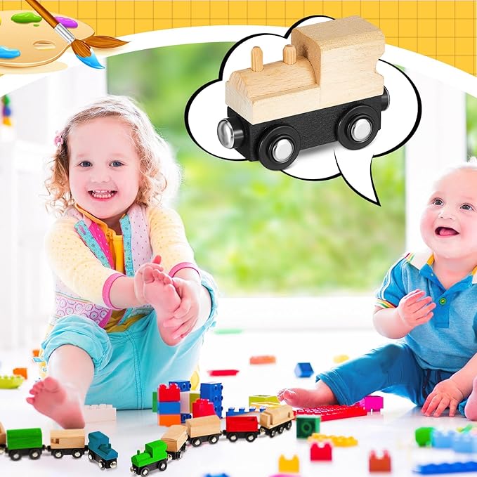 Halloscume 10 Pcs Unfinished Magnetic Wooden Train Cars 5 Styles DIY Unpainted Wood Trains for Paint Crafts Project & Summer Camp, Birthday Party Favors Decorations (Retro)