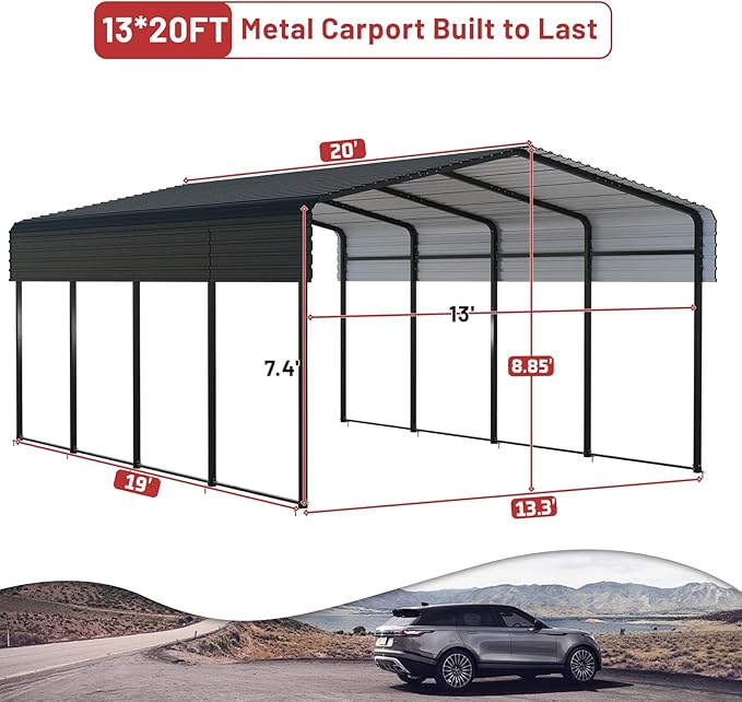 Metal Carport 13 x 20 FT with Heavy Duty Frame & Galvanized Steel Roof, Metal Car Garage, Sturdy Canopy Shelter for Car, Truck, Pickup, SUV, Tractor, and Boat
