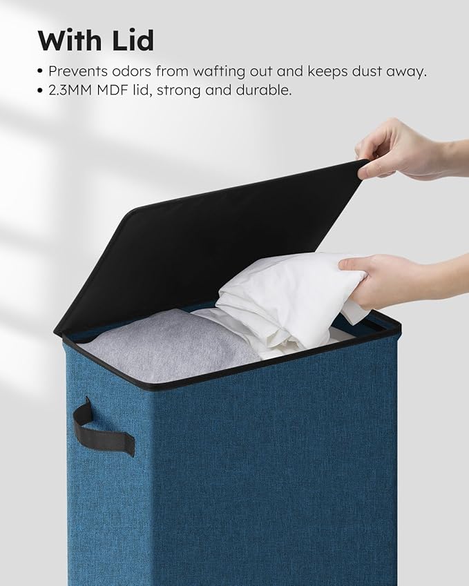 SOLEDI Slim Laundry Hamper with Lid, Narrow Laundry Basket with Removable Bags, Dirty Clothes Hamper with handle, Small Hamper perfect for Laundry room, Bathroom, Bedroom, Small spaces. 70L Blue
