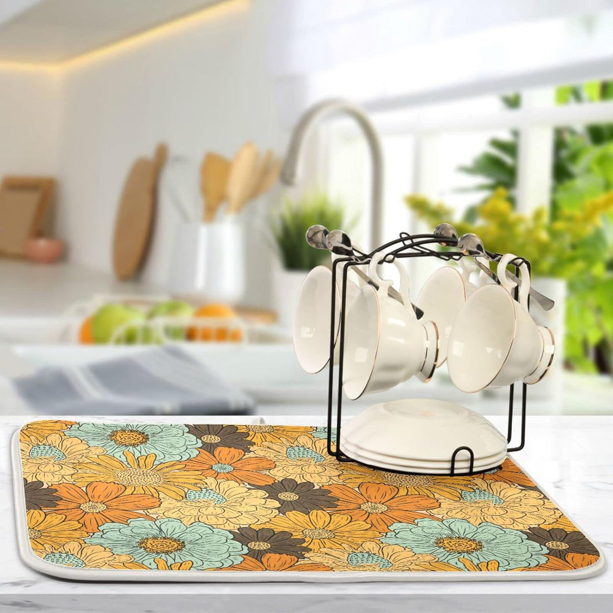 senya Super Absorbent Dish Drying Mat, Microfiber Fast-Drying Dish Mat, 24'' x 18'', Kitchen Dish Drying Pad, Retro Flower Daisy, (g289343300p523c558s1114)