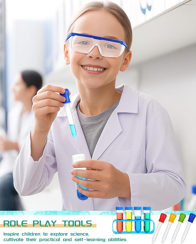 Unittype 6 Set 66 Pcs White Kids Lab Coats Bulk Children Girl Doctor Scientist Costume Lab Coat Goggles Test Tube Eyedropper(S)
