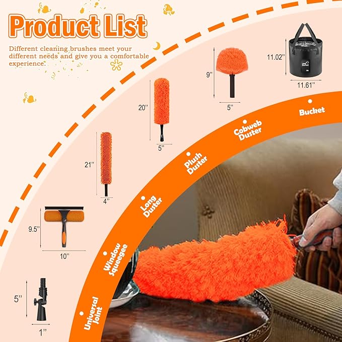 36FT High Reach Duster Cleaning Kit with Extension Pole, High Ceiling Fan Cleaner Duster Tool for Fan Blades, Window Washing Kit with Microfiber Feather Duster & Window Squeegee & Bucket