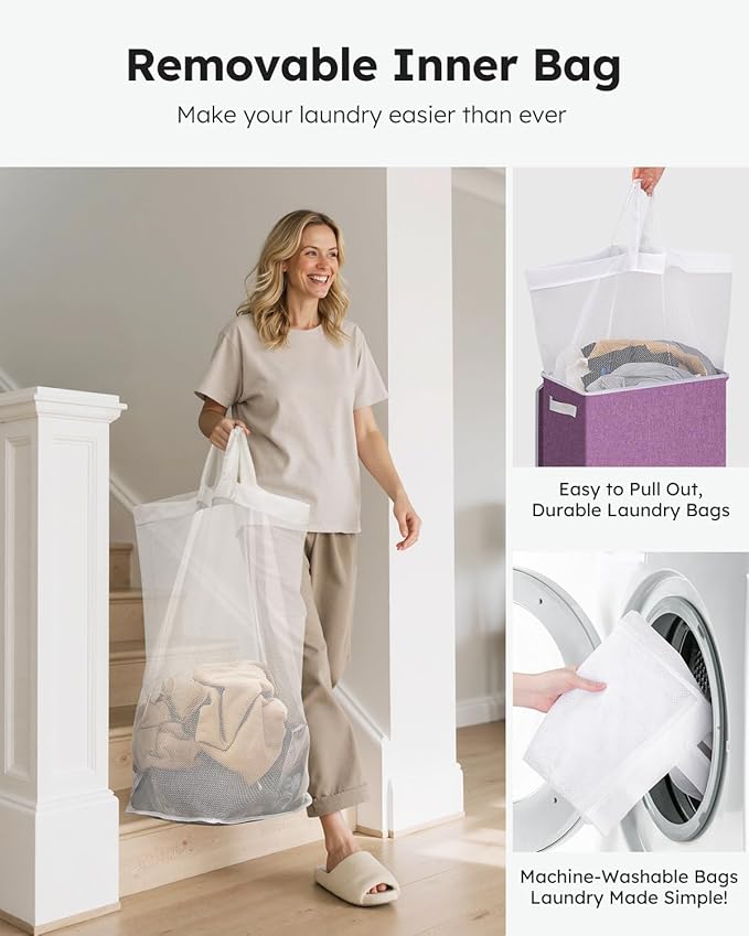 SOLEDI Laundry Hamper with Lid 100L Large & Tall Collapsible Laundry Basket, Clothes Hamper with Bag Removable Easy to Carry, Dirty Hampers for Bedroom, Bathroom, Dorm, College, Purple