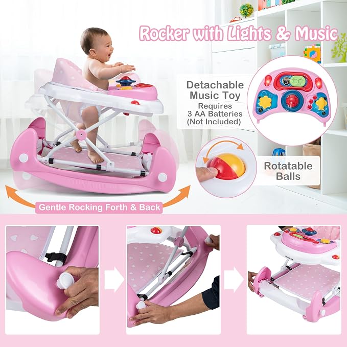 HONEY JOY Baby Walker, 6-in-1 Foldable Baby Walker and Bouncer Combo, Infant Activity Walker with Wheels, Adjustable Heights, Rocker, Music, Lights, Walker for Baby Boy Girl 7-14 Months