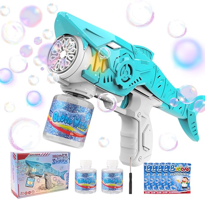 Automatic Bubble Machine Gun for Kids with 2 Bottles 5 Bags of Refill Solution Lights ElectricShark Bubble Gun Toys Outdoor Toys Gifts Wedding Easter Party Favor