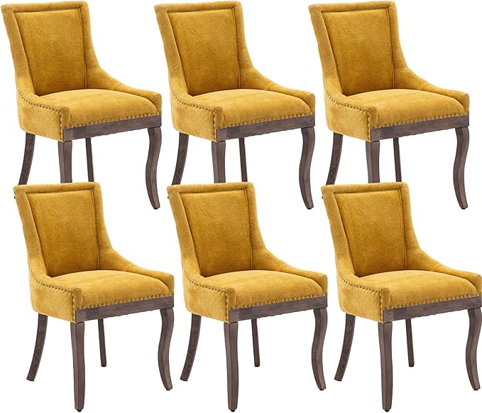 Modern Dining Chairs Set of 6, High Back Dining Chairs Side Chairs with Solid Wood Legs, Upholstered Fabric Dining Room Chairs for Dining Room Kitchen, Yellow