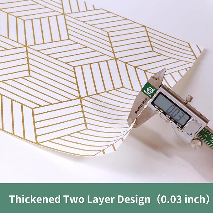 Shelf Liners for Kitchen Cabinets 17.5in x 30FT Non Adhesive Cabinet Liner Strong Non-Slip Thickened Gold Geometric Drawer Liner Easy to Clean for Shelf Cabinet with Knife and Tape Measure