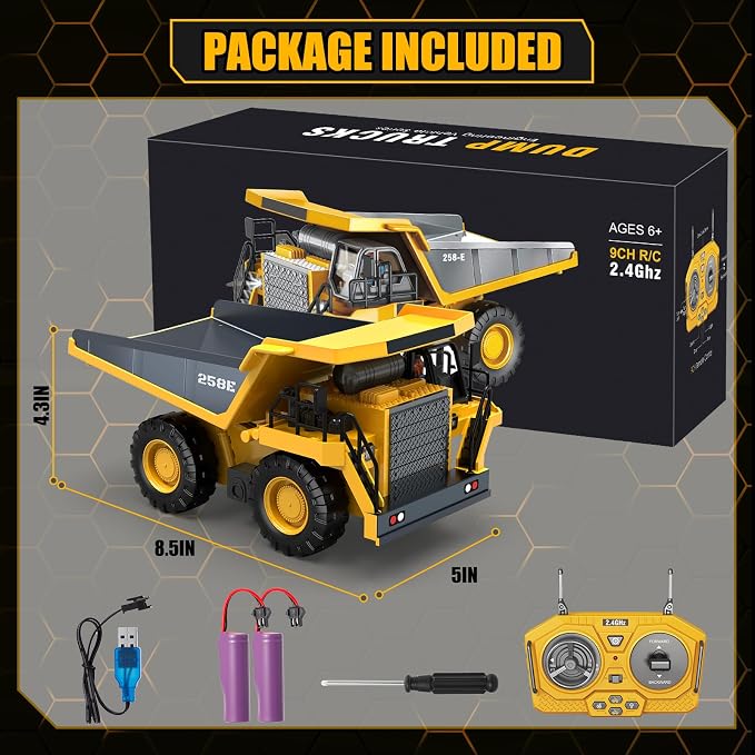 RC Dump Truck Toy for Boys, Remote Control Play Truck Construction Vehicles, 9CH 2.4Ghz Electric Trucks with Metal Bed & Light, 2 Rechargeable Batteries RC Car Toys Kids 3-12 Year Old Birthday Gifts