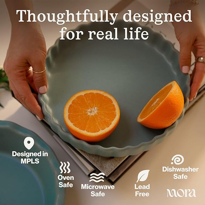 MORA Ceramic Tart Pan, 9.5 Inch Large Porcelain Baking Dish for Tarts, Quiche, Pie, Flan etc. Fluted Ruffled Edge, Oven, Microwave, Freezer, and Dishwasher safe - Great Gift For Bakers - Mushroom