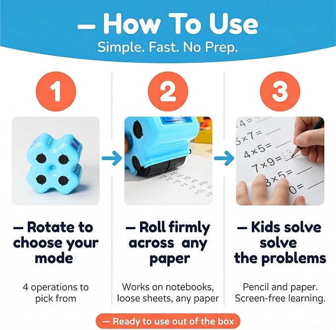 Math Teacher 4-in-1 Math Roller Stamp for Kids – Addition, Subtraction, Multiplication & Fill-in-the-Blank Practice Tool for Teachers, Classroom Activities, Homeschool & Daily Math Worksheets (Purple)